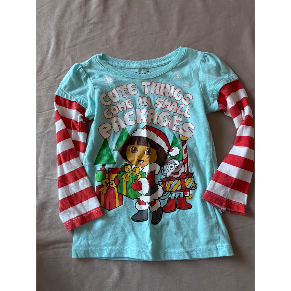 Dora The Explorer Girls Christmas Shirt  Long Sleeve Holiday Top 4T- Y2K